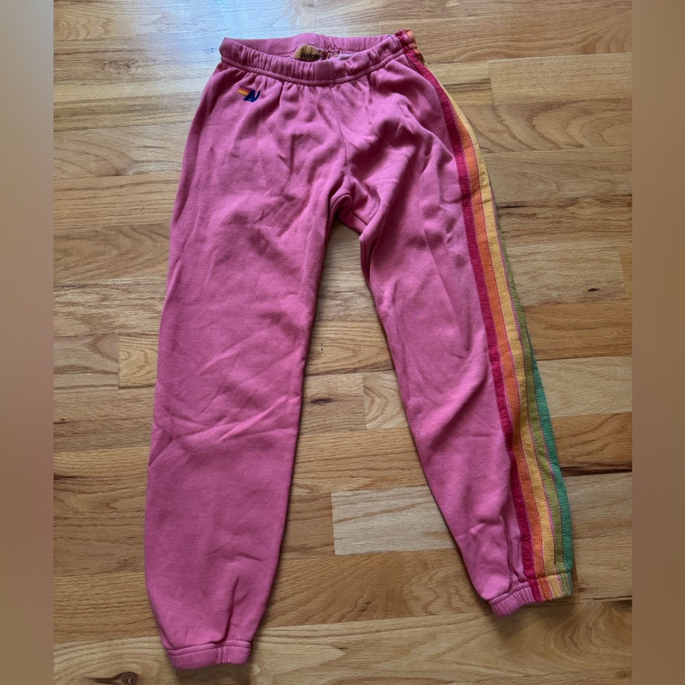 Aviator Nation Pink Leggings with Rainbow Stripe Hem